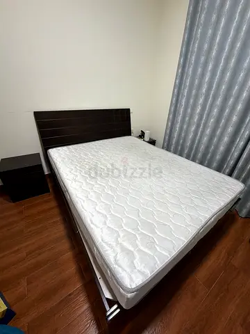 Queen Bed Frame with Mattress and Nightstand - Good Condition