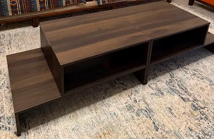 Low wooden TV/coffee table with open shelves - dark walnut finish