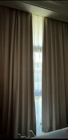 Plain Beige Full-Length Blackout Curtains with Sheer Panel - Pair