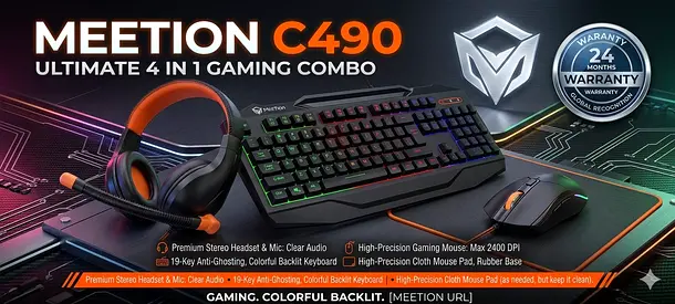 Meetion C490 4-in-1 Gaming Combo Set–RGB Backlit Keyboard, 2400 DPI Gaming Mouse, Headset  Mouse Pad