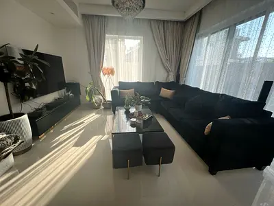 Large L-shaped Black Fabric Sofa with Ottoman Set