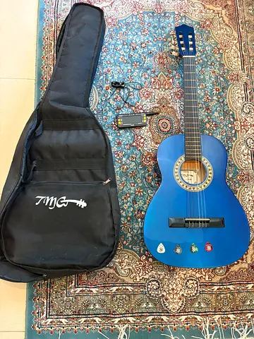 Blue Classical Acoustic Guitar with Soft Case and Pickup, tuning device