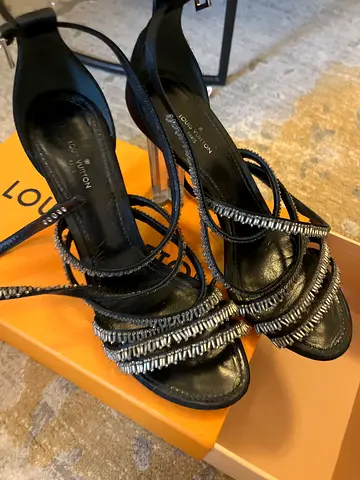 Louis Vuitton black leather strappy heeled sandals
