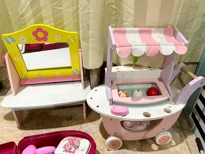 Wooden Pretend Play Market Cart and Vanity Set - Pink
