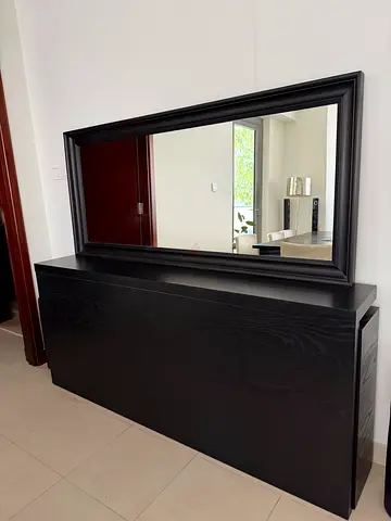 Black Wooden Dresser with Large Matching Mirror - Good Condition