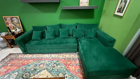 Green L-shaped Velvet Sofa with Chaise - Good Condition