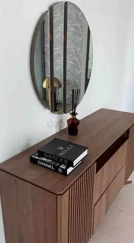 Modern Console Table + Wall Mirror Set — Walnut Veneer — Like New