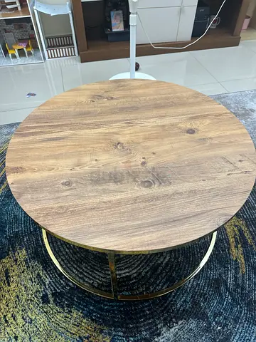 Round Wooden Coffee Table with Gold Metal Base - Good Condition
