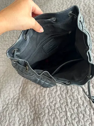 Used black leather drawstring bucket bag – medium size, good condition