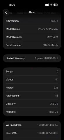 iPhone 17 Pro Max 256GB – Excellent Condition, iOS 26.5