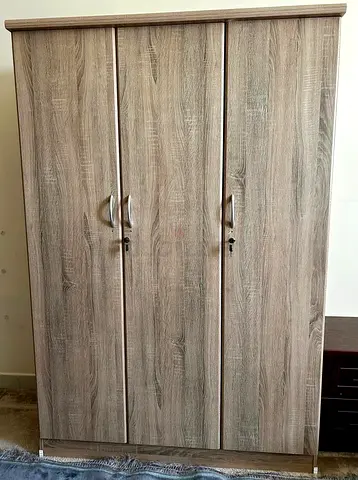 Three-door Wooden Wardrobe in Light Oak Finish - Good Condition