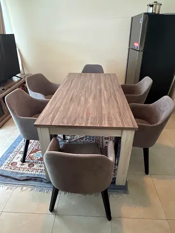 Wooden Dining Table with 6 Upholstered Chairs - Light Oak Finish