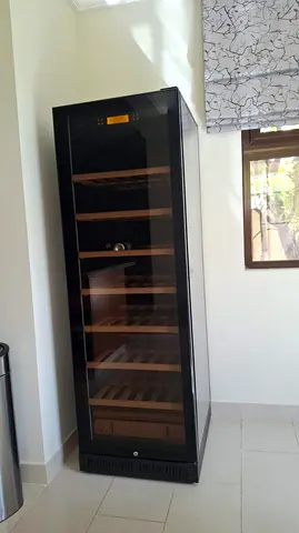 Tall freestanding beverage cooler, 200+ bottle capacity (black glass door)