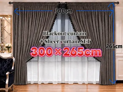 Gray Velvet Blackout Curtains + Sheer Curtain SET | W300 × L265cm | 4 Panels (150×265cm Each)
