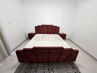 King Size Brown/Burgundy Velvet Bed Set with 2 Bedside Tables