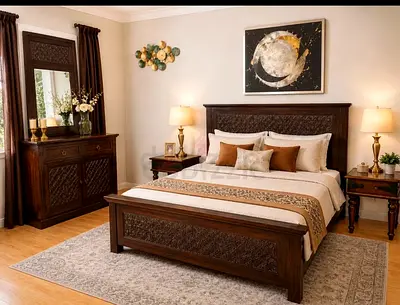 king Bed 180x200 + two side tables and Dresser with mirror  - all Solid Wood marina home