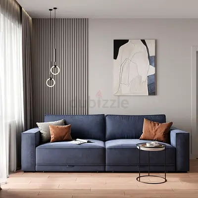 Modern Blue 3-Seater Fabric Sofa