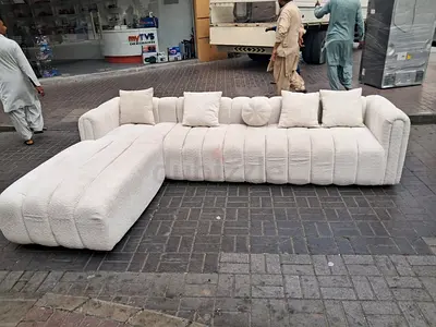 Large White L-Shaped Modern Fabric Sofa with Ottoman — Good Condition