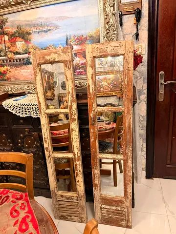 Pair of Vintage Shabby Chic Tall Mirror Panels with Distressed Wood Frames