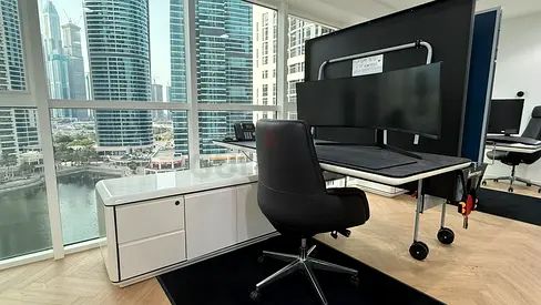 Electric work desk with credenza