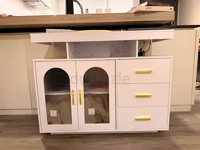 White Wall-Mounted Cabinet with Drawers and Glass Doors, wireless charging
