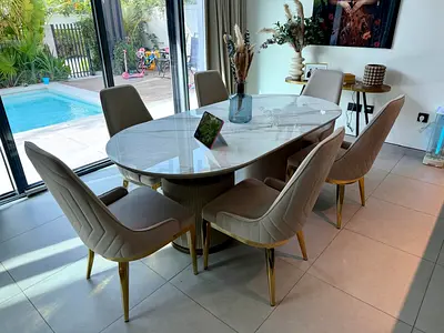 8-seater Modern Marble Top Dining Table with Upholstered Chairs (Beige  Gold) and coffee table