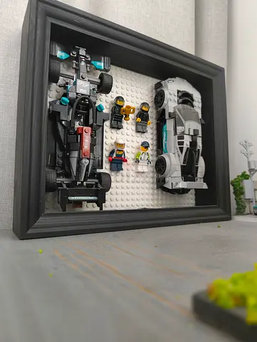 LEGO car display with minifigures — framed set