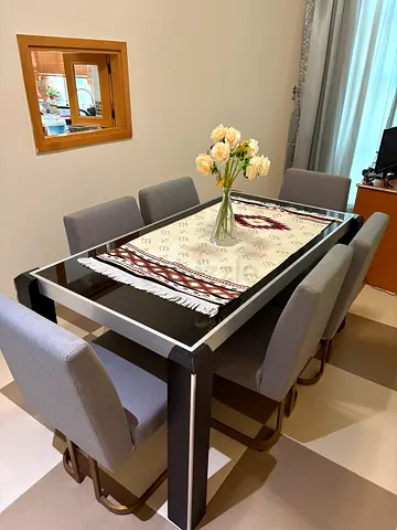 Modern 6-Seater Dining Table with Cushioned Chairs - Dark Wood  Glass