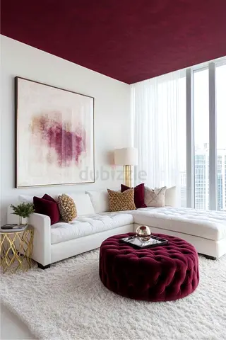 White 3 seater L-shaped Sofa with Burgundy Accent Ottoman and Cushions