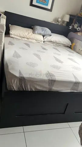 Dark brown Wooden Double Bed Frame with Headboard  Mattress - Good Condition