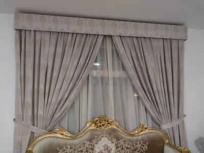 Beige patterned full window curtains with pelmet - good condition