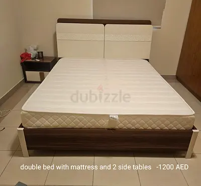 Double bed with mattress and 2 bedside tables - used
