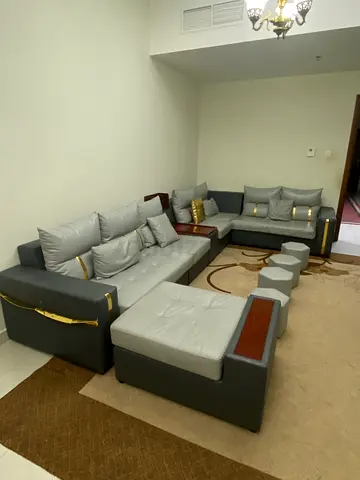 Large L-shaped Grey Fabric Sofa Set with Cushions and Ottoman