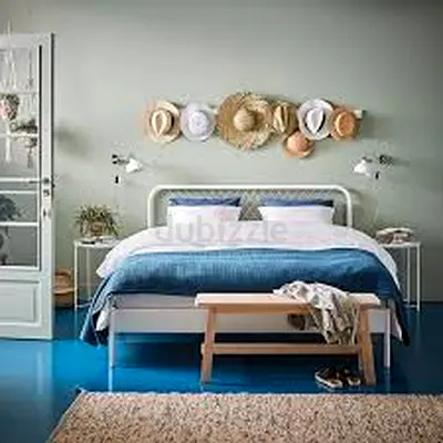 King Bed Frame with Headboard and Bench - Light Wood, Good Condition