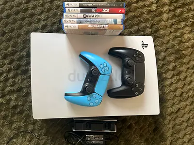 PS5 + Games + Two PS5 Wireless Controllers (Blue + Black) - Good Working Condition