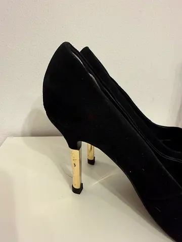 Black suede high heels with gold stiletto detail - size unknown