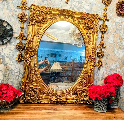 Large Ornate Gold Framed Oval Mirror - Vintage Baroque Style