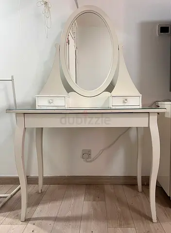 White Dressing Table with Oval Mirror and Two Drawers