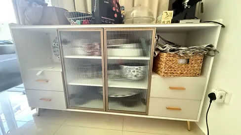 White Sideboard Cabinet with Glass Doors and Drawers - Good Condition