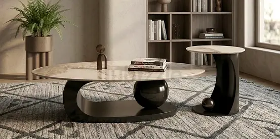 Modern Natural Marble Top Coffee Table Set with Sculptural Black Base with matching Side Table