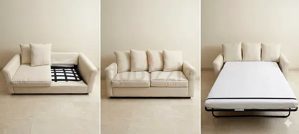Beige L-Shaped Sofa Bed with Removable Cushions — Good Condition