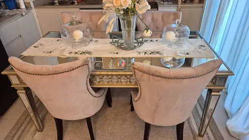Mirrored dinning Table with 4 Upholstered Accent Chairs - Set 90W x 180L x 80H