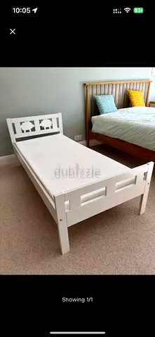 Single white wooden bed frame with mattress  in good condition