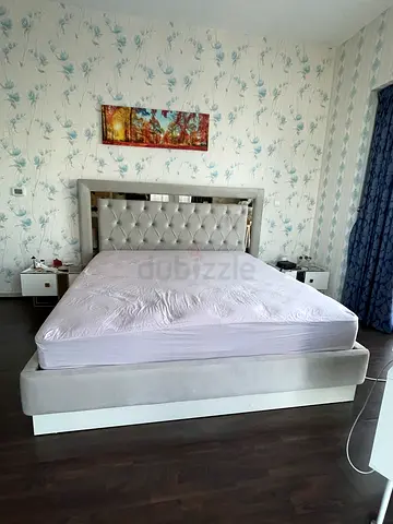 White, Grey, Gold -2 Bedside Tables, Bed with hydraulic storage, dressing table,orthopaedic mattress