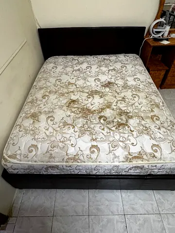 Used Double Bed Frame with Mattress - Dark Wood Headboard