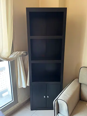 Tall black shelving unit with lower cabinet - 180x60x30 cm