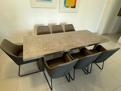 Concrete-look Dining Table with 7 Grey Chairs - Modern Set
