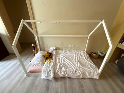 White Wooden House-Frame  Toddler Mattress (never used)