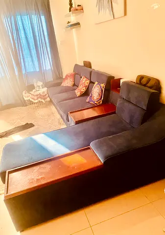 Blue L-shaped Sofa with Chaise and Built-in Side Trays