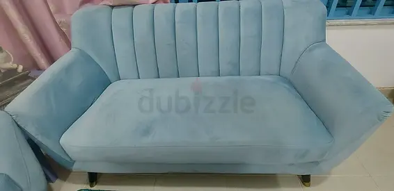 Light Blue Velvet 2-Seater Sofa - Good Condition